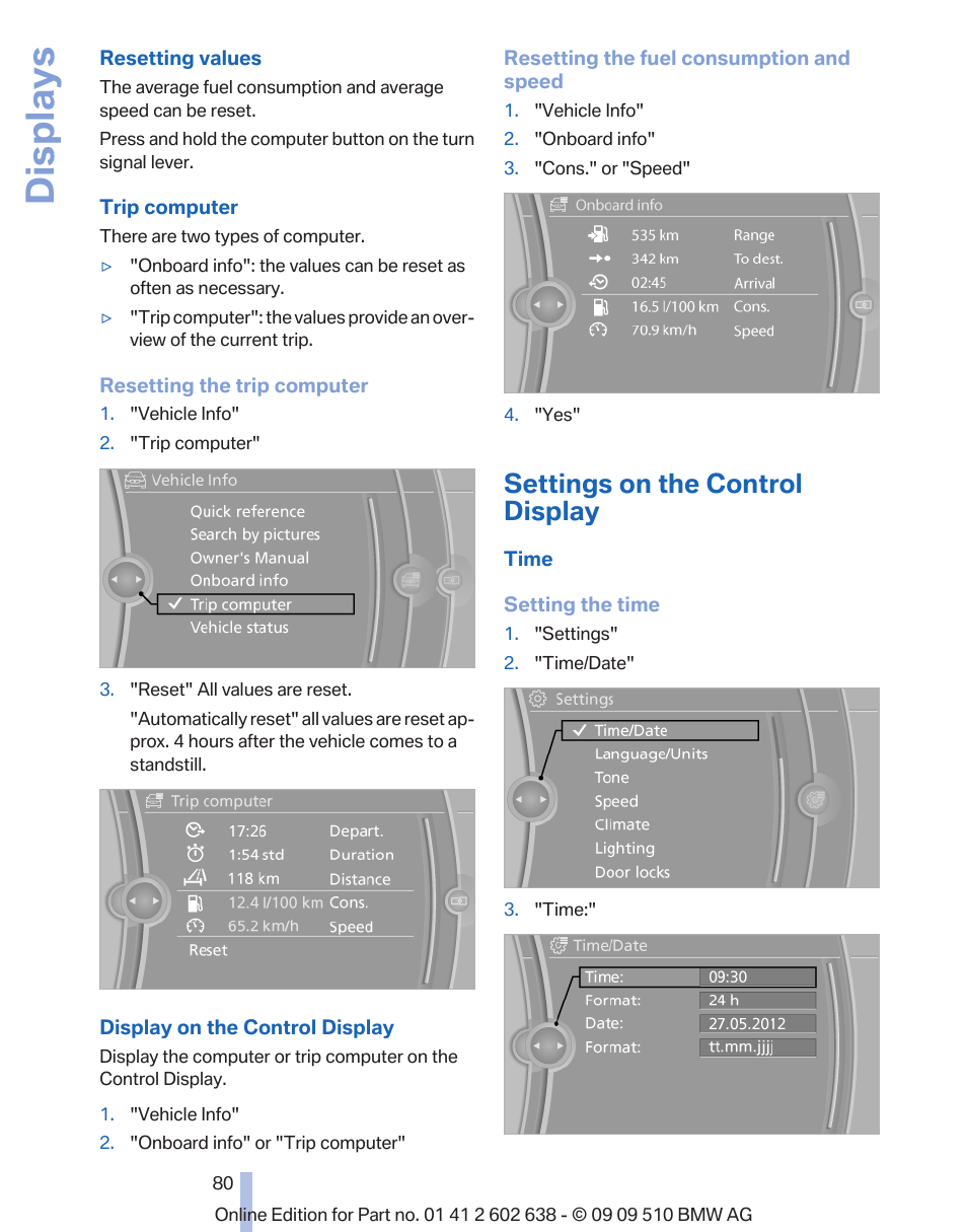 Settings on the control display, Clock 80, Displays | BMW 760Li Sedan 2010 User Manual | Page 80 / 280