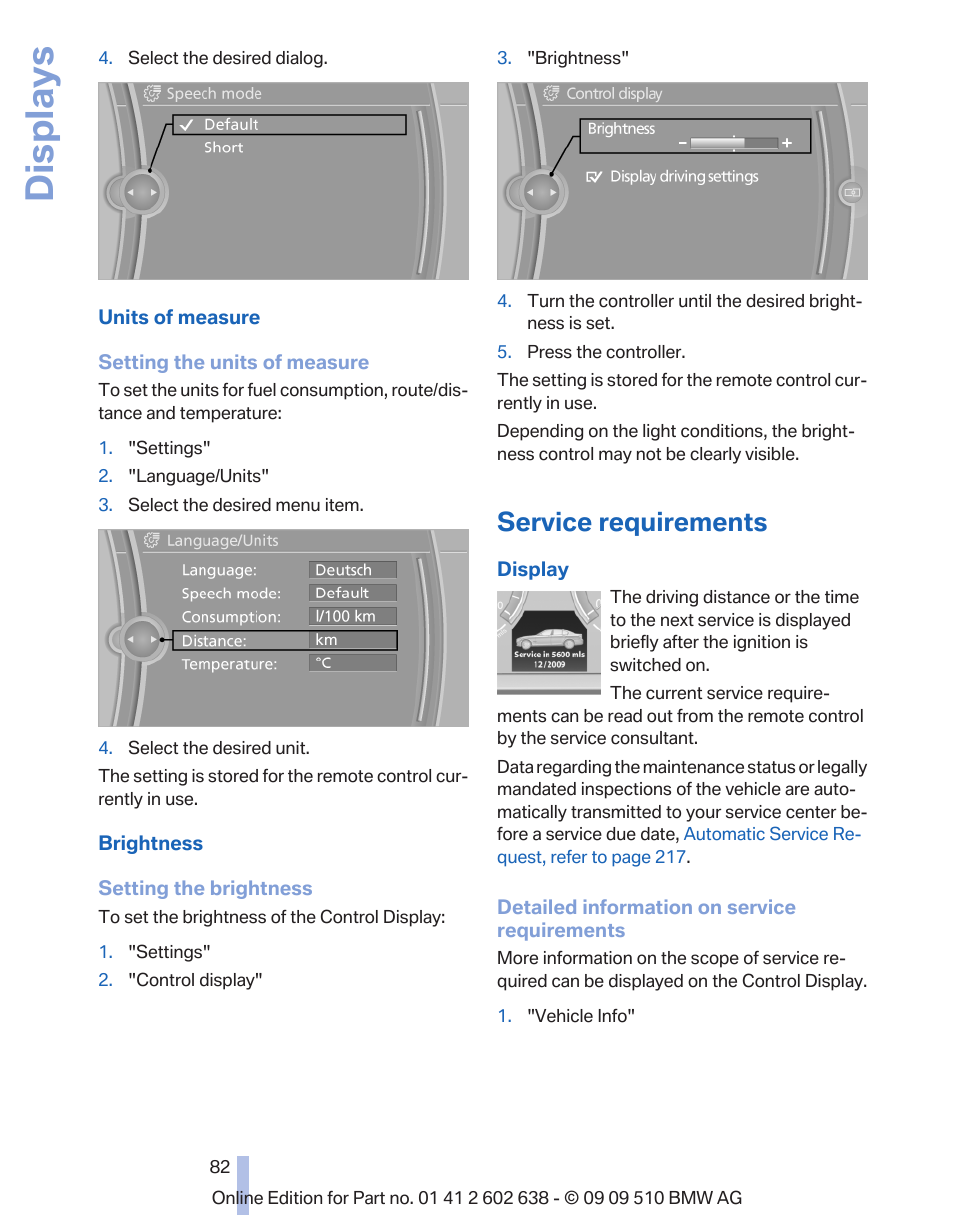 Service requirements, Service display 82, Displays | BMW 760Li Sedan 2010 User Manual | Page 82 / 280