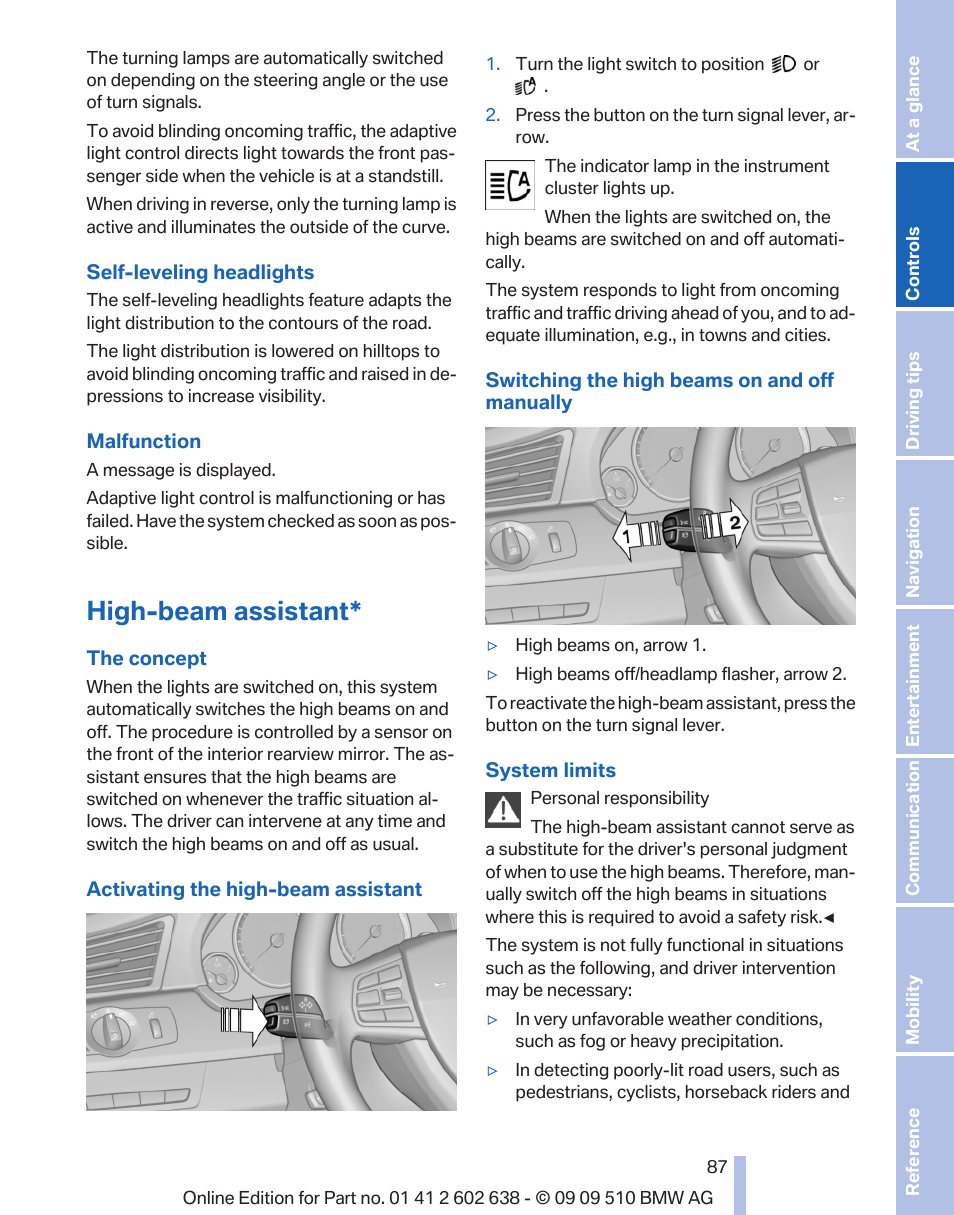 High-beam assistant, High-beam assistant* 87 | BMW 760Li Sedan 2010 User Manual | Page 87 / 280