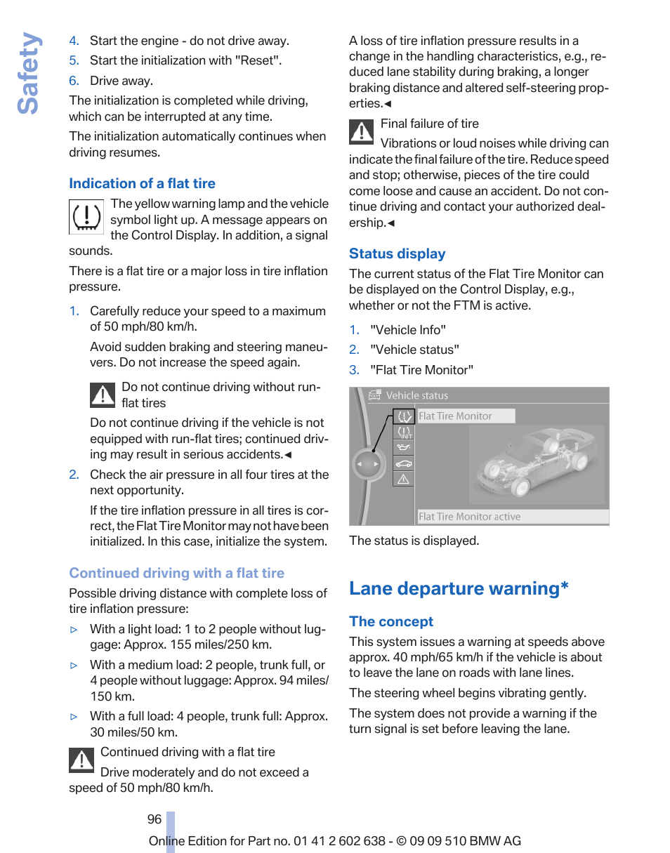 Lane departure warning, Lane departure warning* 96, Safety | BMW 760Li Sedan 2010 User Manual | Page 96 / 280