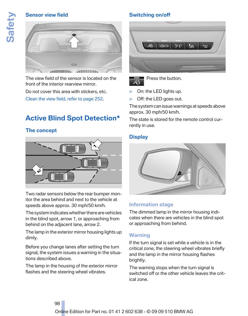 Active blind spot detection, Active blind spot detec‐ tion* 98, Active blind spot detection, refer to | Last setting, on/off, Safety | BMW 760Li Sedan 2010 User Manual | Page 98 / 280