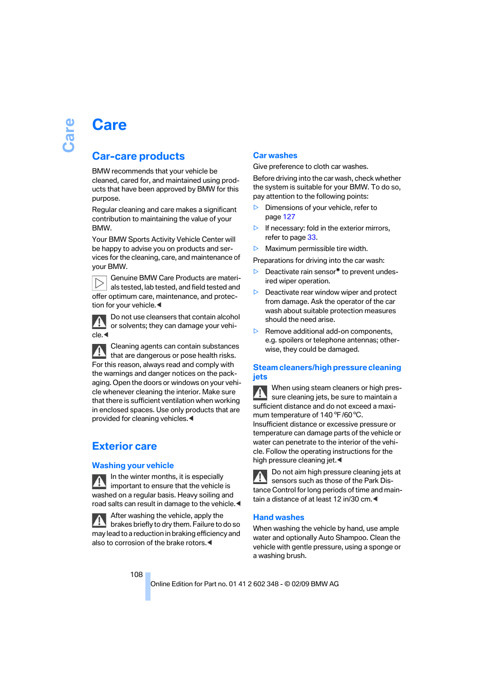 Care, Car-care products, Exterior care | BMW X3 xDrive30i 2010 User Manual | Page 110 / 144