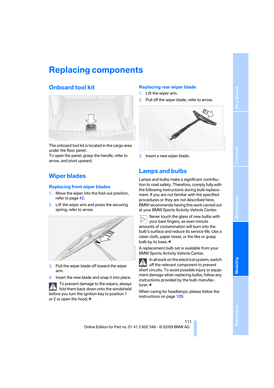 Replacing components, Onboard tool kit, Wiper blades | Lamps and bulbs | BMW X3 xDrive30i 2010 User Manual | Page 113 / 144