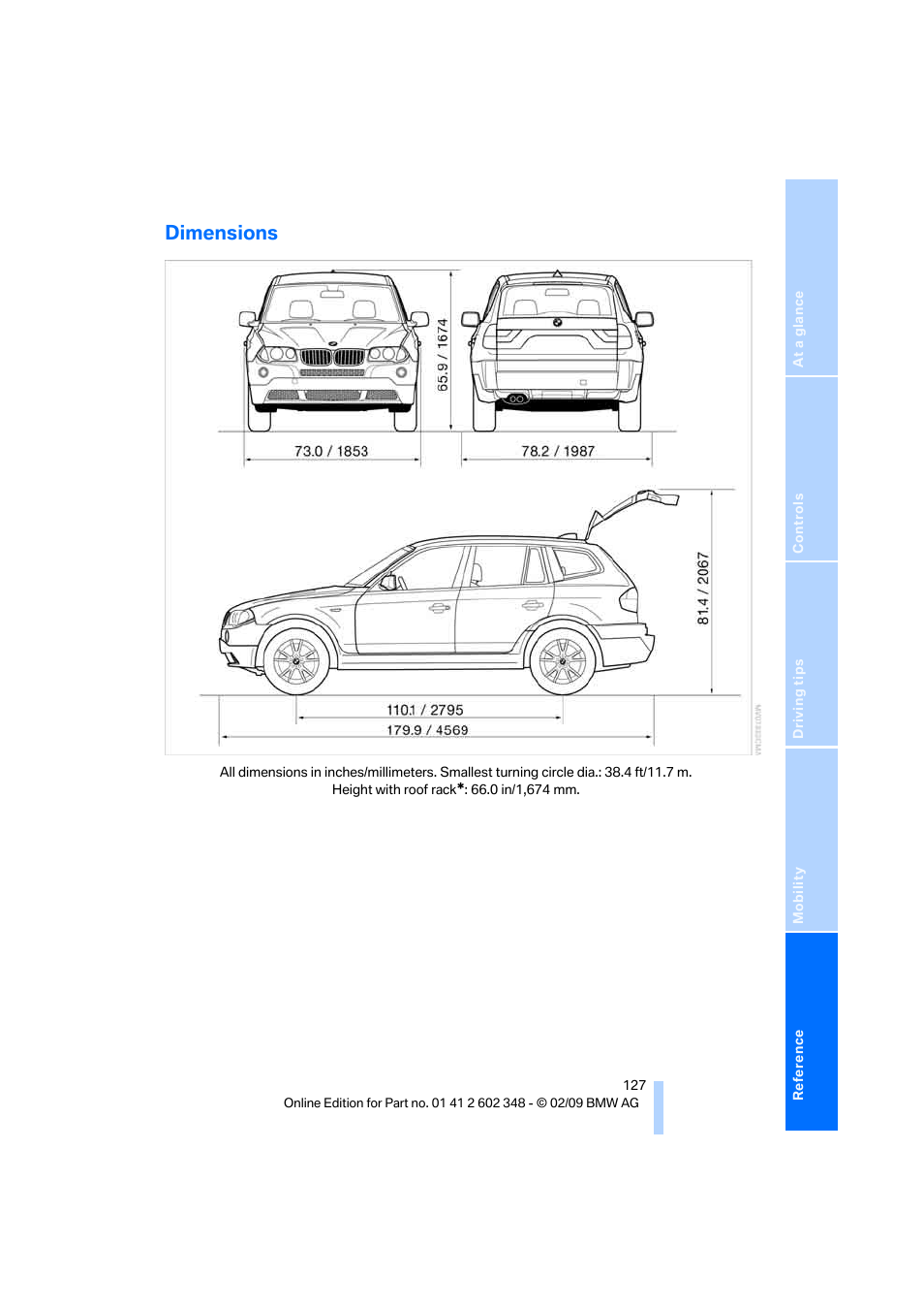 Dimensions | BMW X3 xDrive30i 2010 User Manual | Page 129 / 144