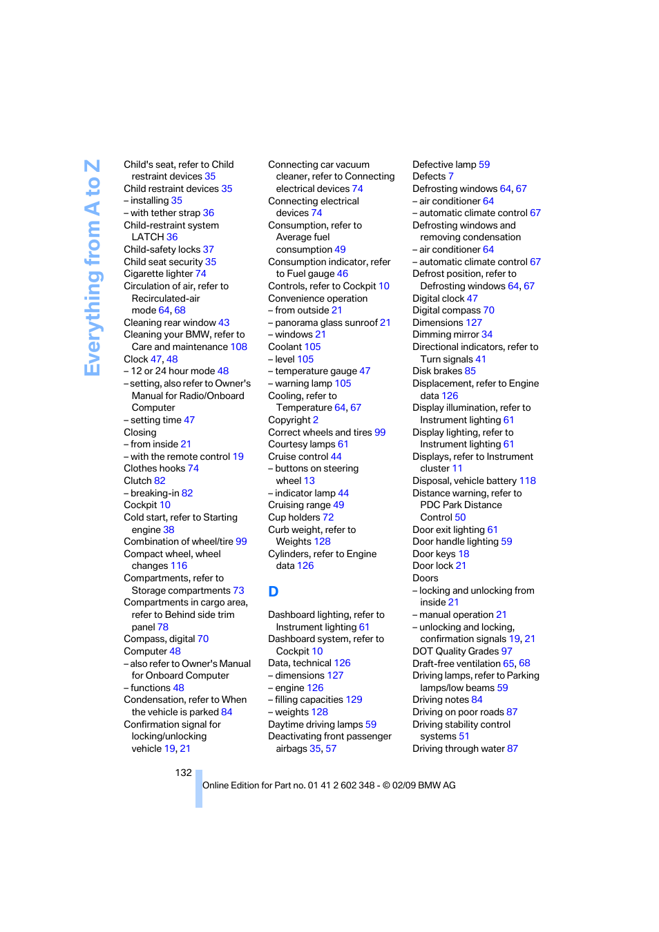 Everything from a to z | BMW X3 xDrive30i 2010 User Manual | Page 134 / 144