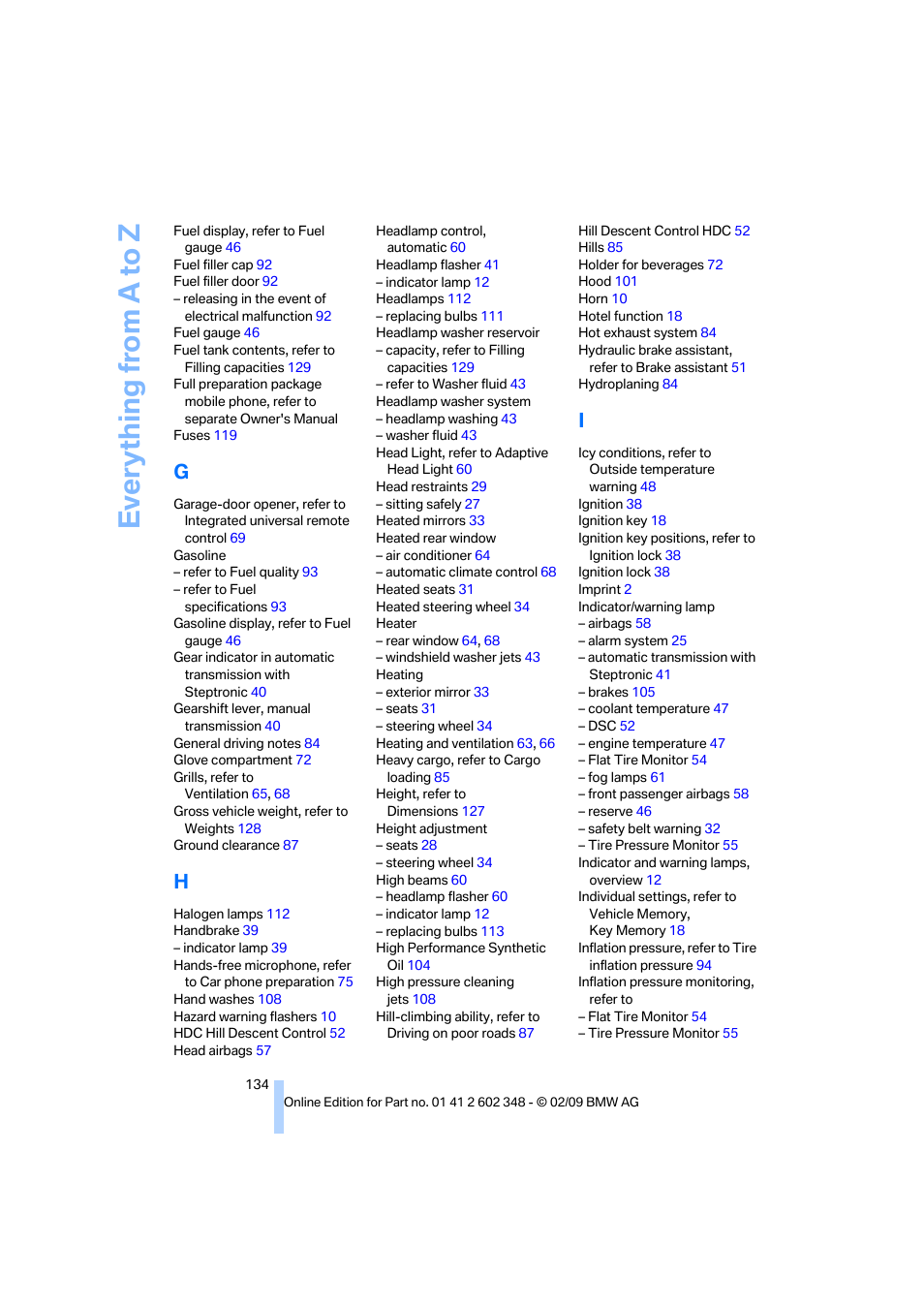 Everything from a to z | BMW X3 xDrive30i 2010 User Manual | Page 136 / 144