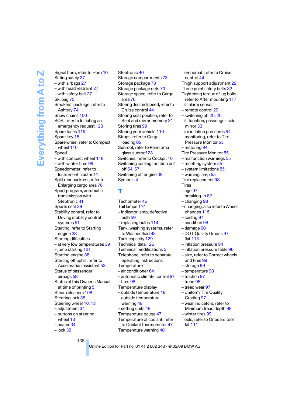 Everything from a to z | BMW X3 xDrive30i 2010 User Manual | Page 140 / 144