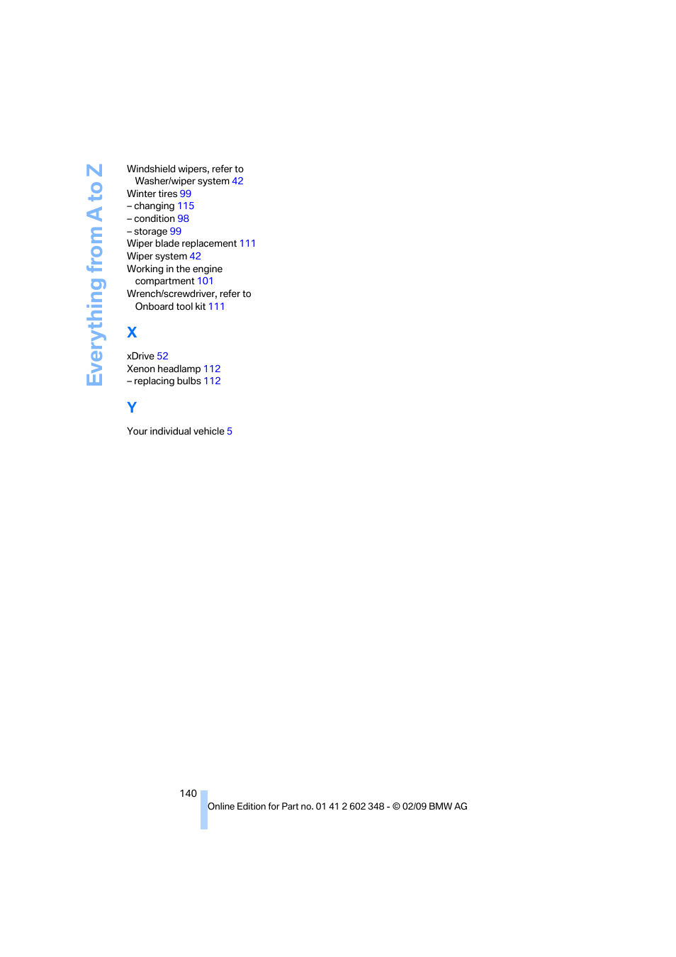 Everything from a to z | BMW X3 xDrive30i 2010 User Manual | Page 142 / 144