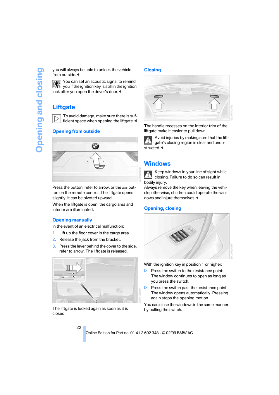 Liftgate, Windows, Opening and closing | BMW X3 xDrive30i 2010 User Manual | Page 24 / 144