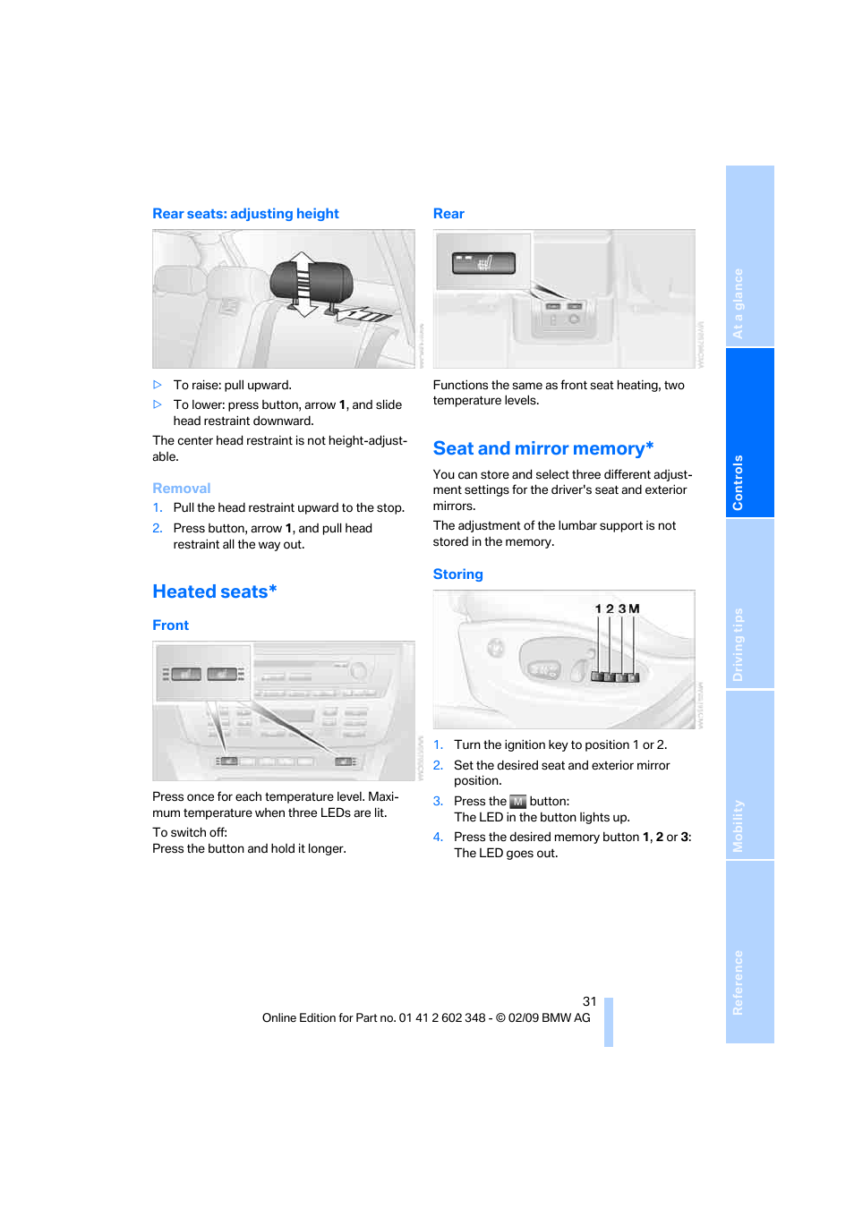 Heated seats, Seat and mirror memory | BMW X3 xDrive30i 2010 User Manual | Page 33 / 144