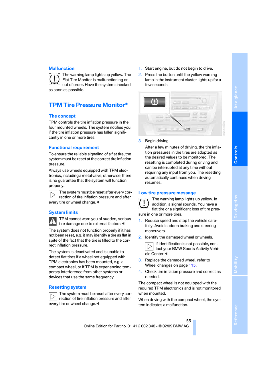 Tpm tire pressure monitor | BMW X3 xDrive30i 2010 User Manual | Page 57 / 144
