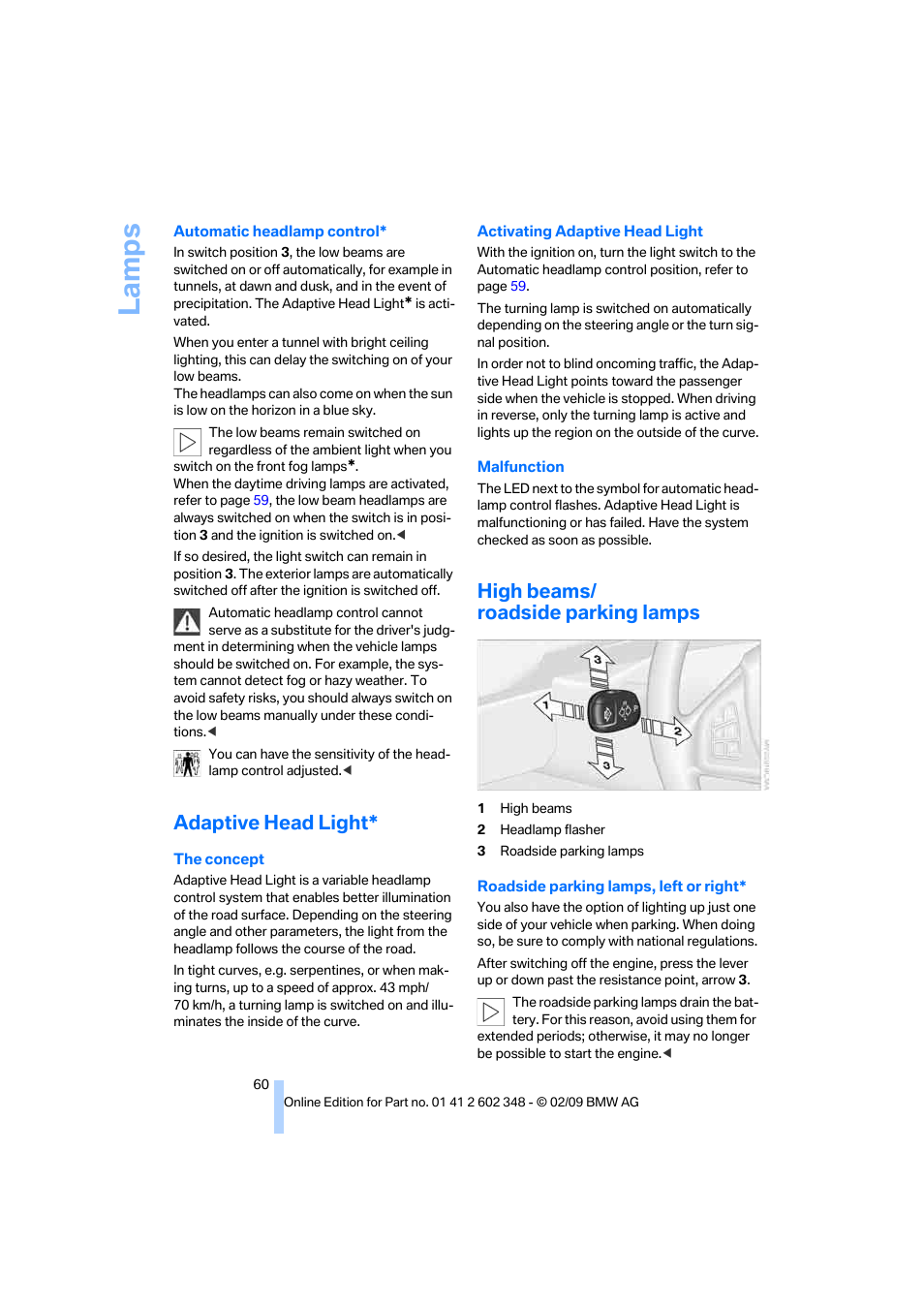 Adaptive head light, High beams/ roadside parking lamps, La mps | BMW X3 xDrive30i 2010 User Manual | Page 62 / 144