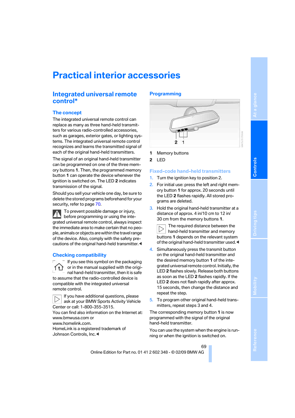 Practical interior accessories, Integrated universal remote control | BMW X3 xDrive30i 2010 User Manual | Page 71 / 144