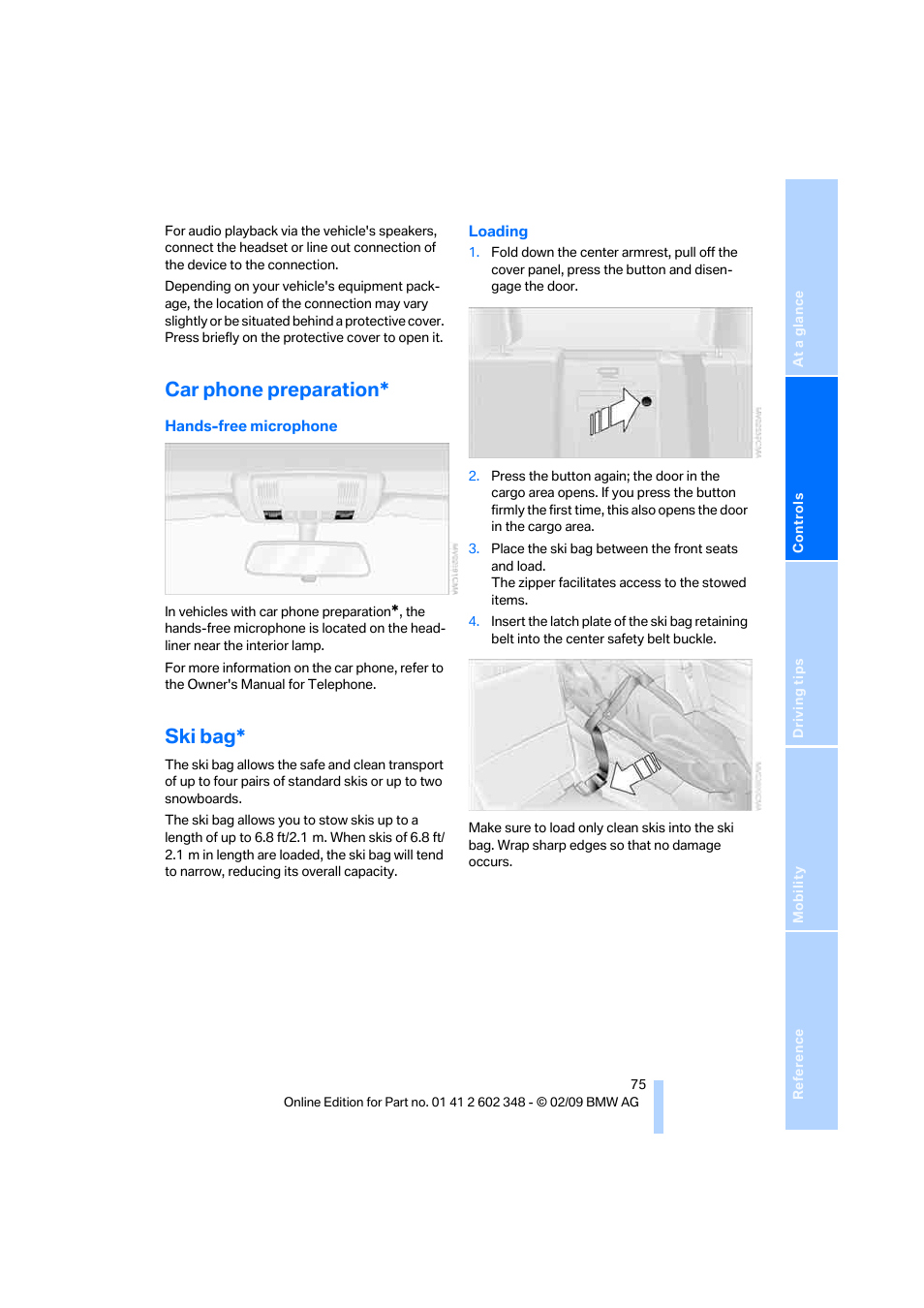 Car phone preparation, Ski bag | BMW X3 xDrive30i 2010 User Manual | Page 77 / 144