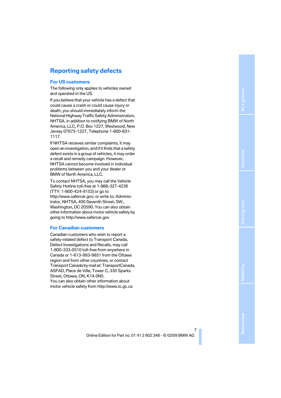Reporting safety defects | BMW X3 xDrive30i 2010 User Manual | Page 9 / 144