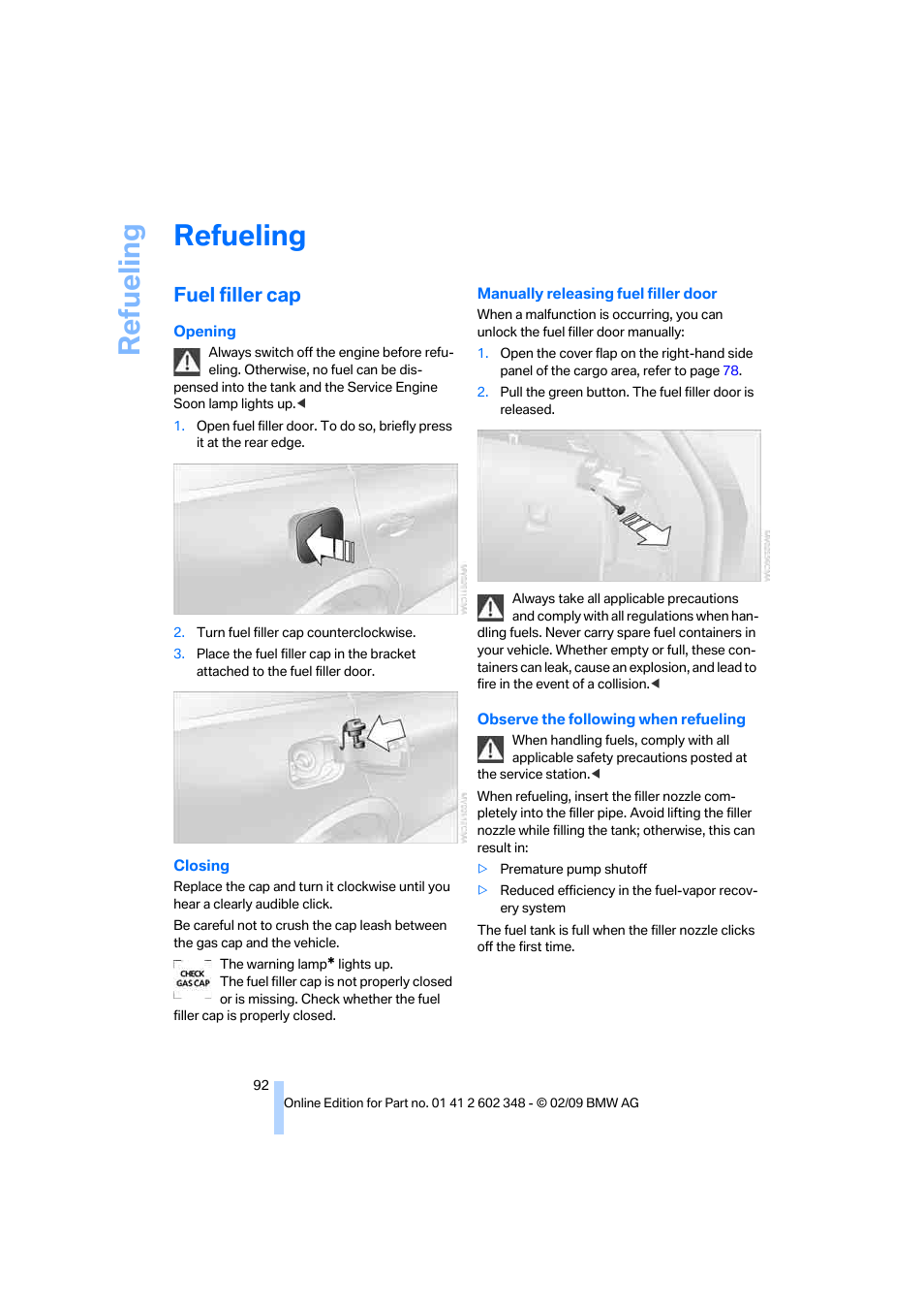 Refueling, Fuel filler cap, Mobi | BMW X3 xDrive30i 2010 User Manual | Page 94 / 144