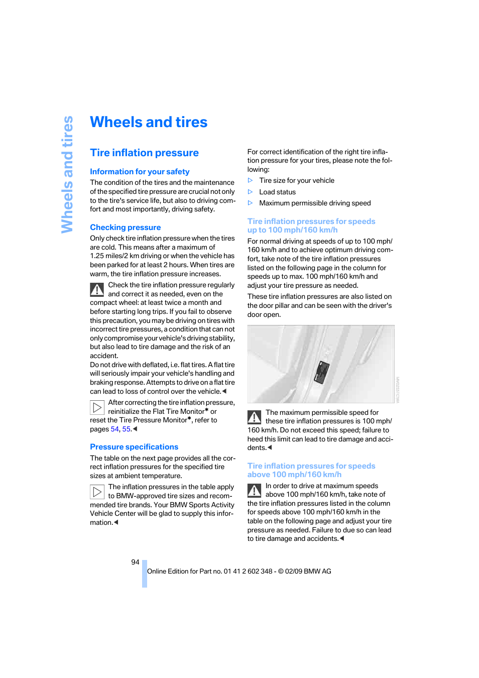 Wheels and tires, Tire inflation pressure | BMW X3 xDrive30i 2010 User Manual | Page 96 / 144