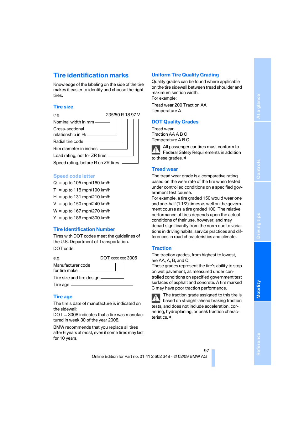 Tire identification marks | BMW X3 xDrive30i 2010 User Manual | Page 99 / 144