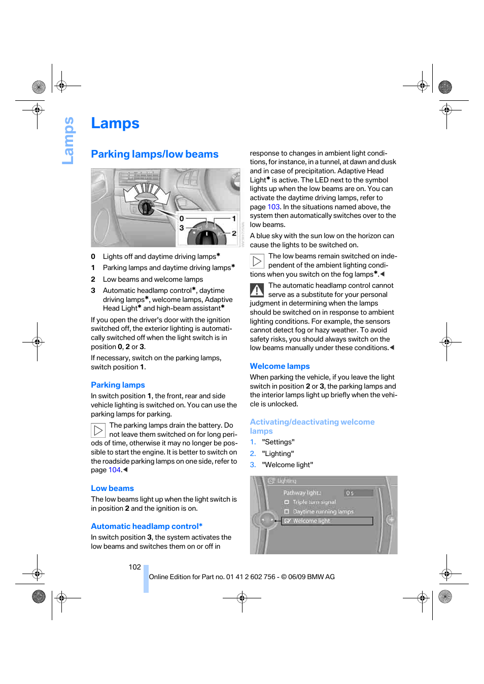 Lamps, Parking lamps/low beams, La mps | BMW X6 M 2010 User Manual | Page 104 / 300