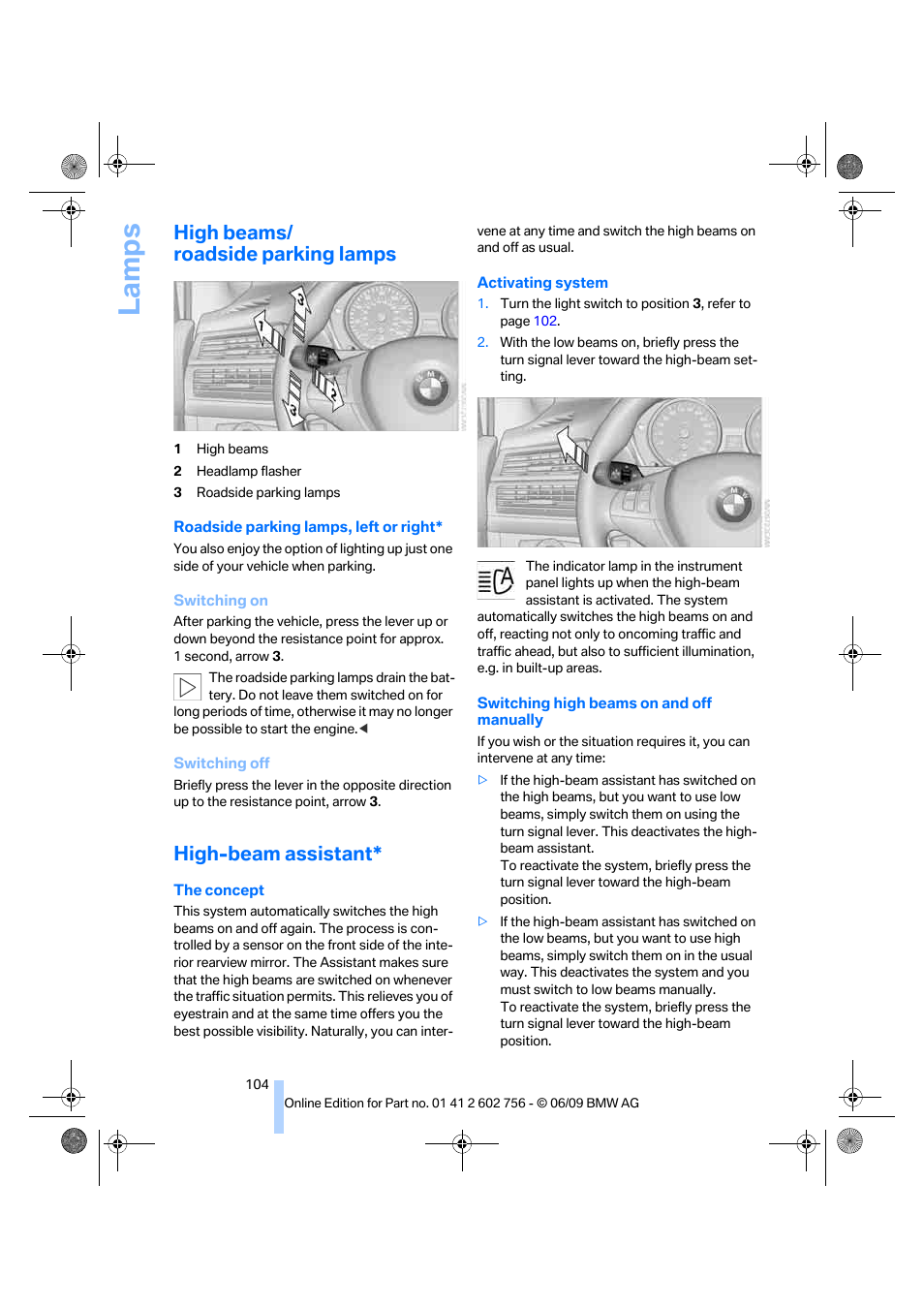 High beams/ roadside parking lamps, High-beam assistant, La mps | BMW X6 M 2010 User Manual | Page 106 / 300