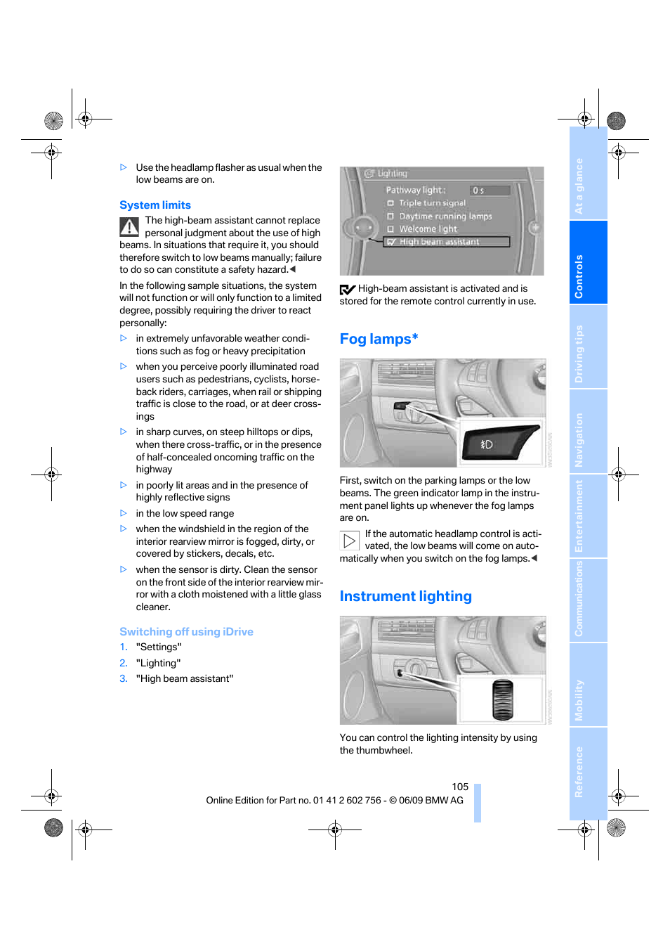 Fog lamps, Instrument lighting | BMW X6 M 2010 User Manual | Page 107 / 300