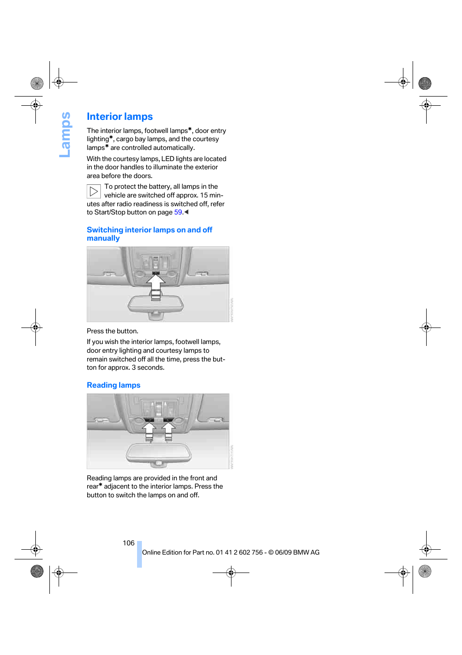 Interior lamps, Reading lamps, La mps | BMW X6 M 2010 User Manual | Page 108 / 300