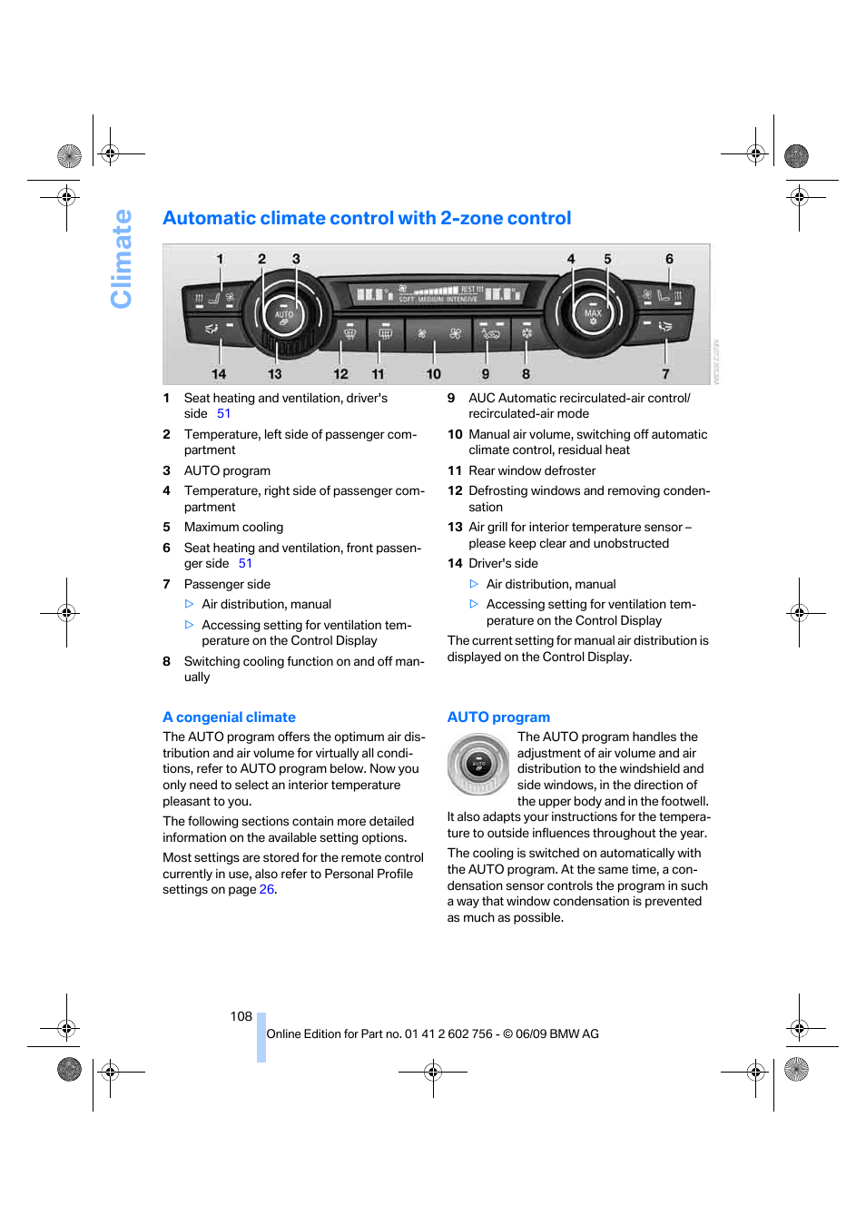 Automatic climate control with 2-zone control, Volume, Climate | BMW X6 M 2010 User Manual | Page 110 / 300