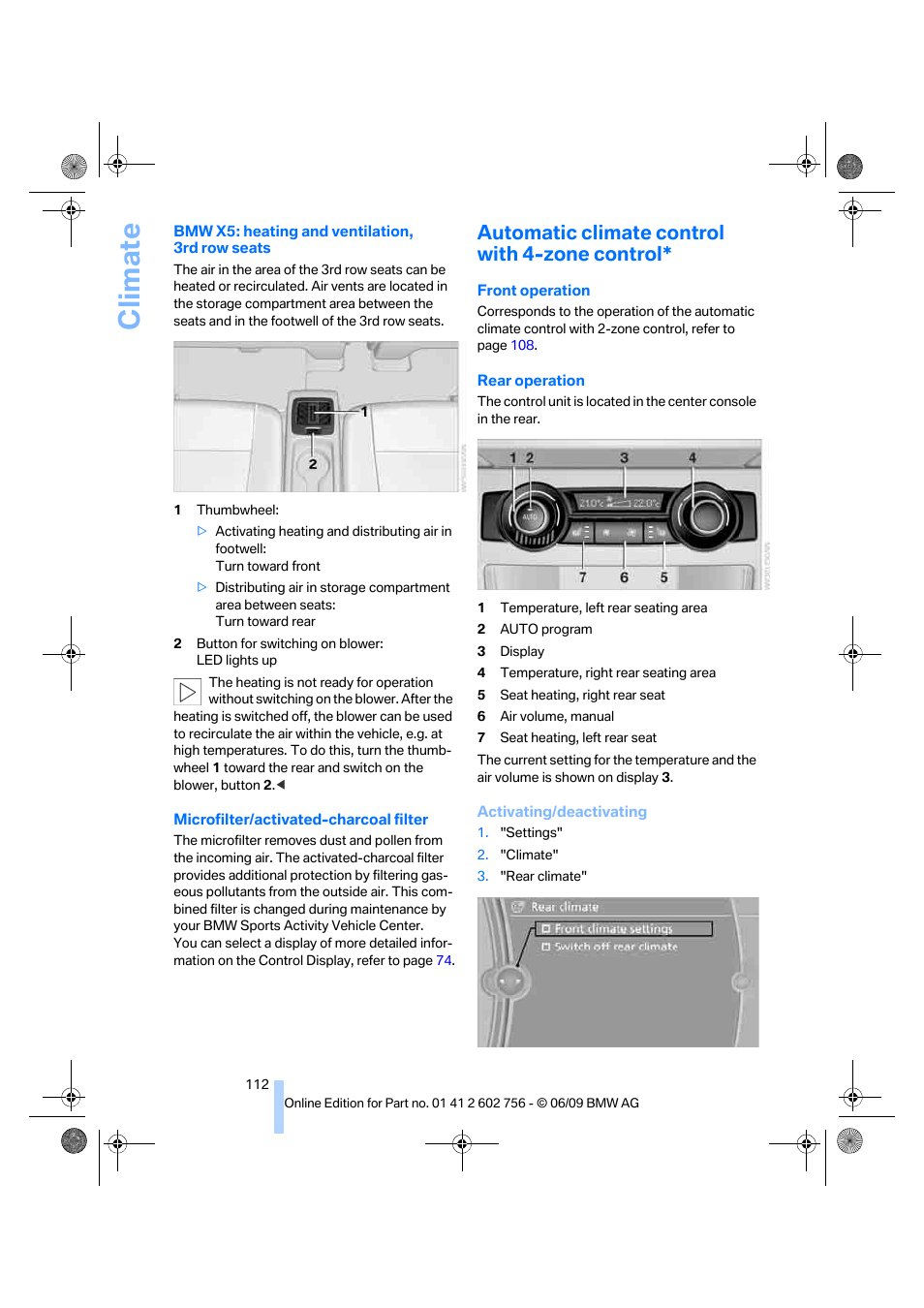 Automatic climate control with 4-zone control, Climate | BMW X6 M 2010 User Manual | Page 114 / 300