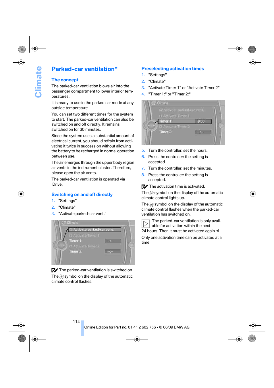 Parked-car ventilation, Climate | BMW X6 M 2010 User Manual | Page 116 / 300