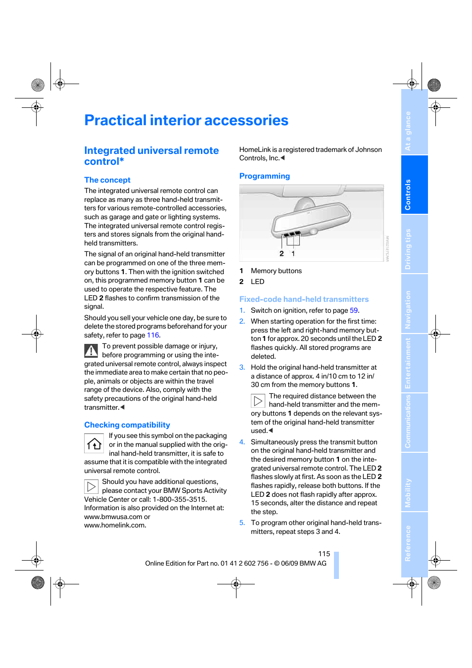 Practical interior accessories, Integrated universal remote control | BMW X6 M 2010 User Manual | Page 117 / 300