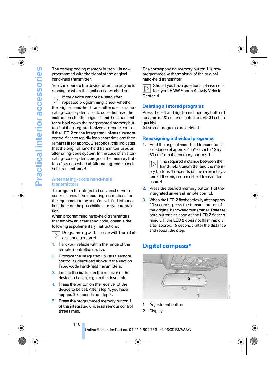 Digital compass, Practical interior accessories | BMW X6 M 2010 User Manual | Page 118 / 300