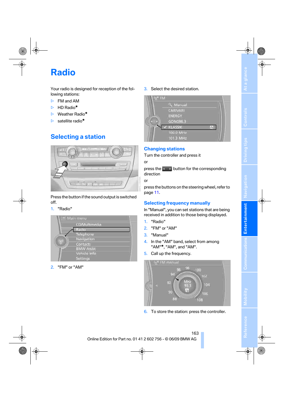 Radio, Selecting a station | BMW X6 M 2010 User Manual | Page 165 / 300