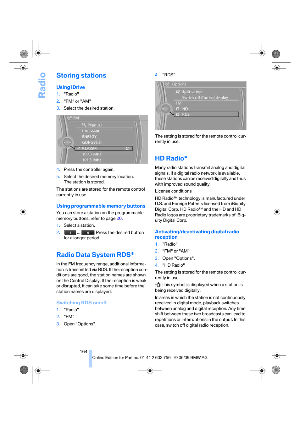 Storing stations, Radio data system rds, Hd radio | Radi o | BMW X6 M 2010 User Manual | Page 166 / 300