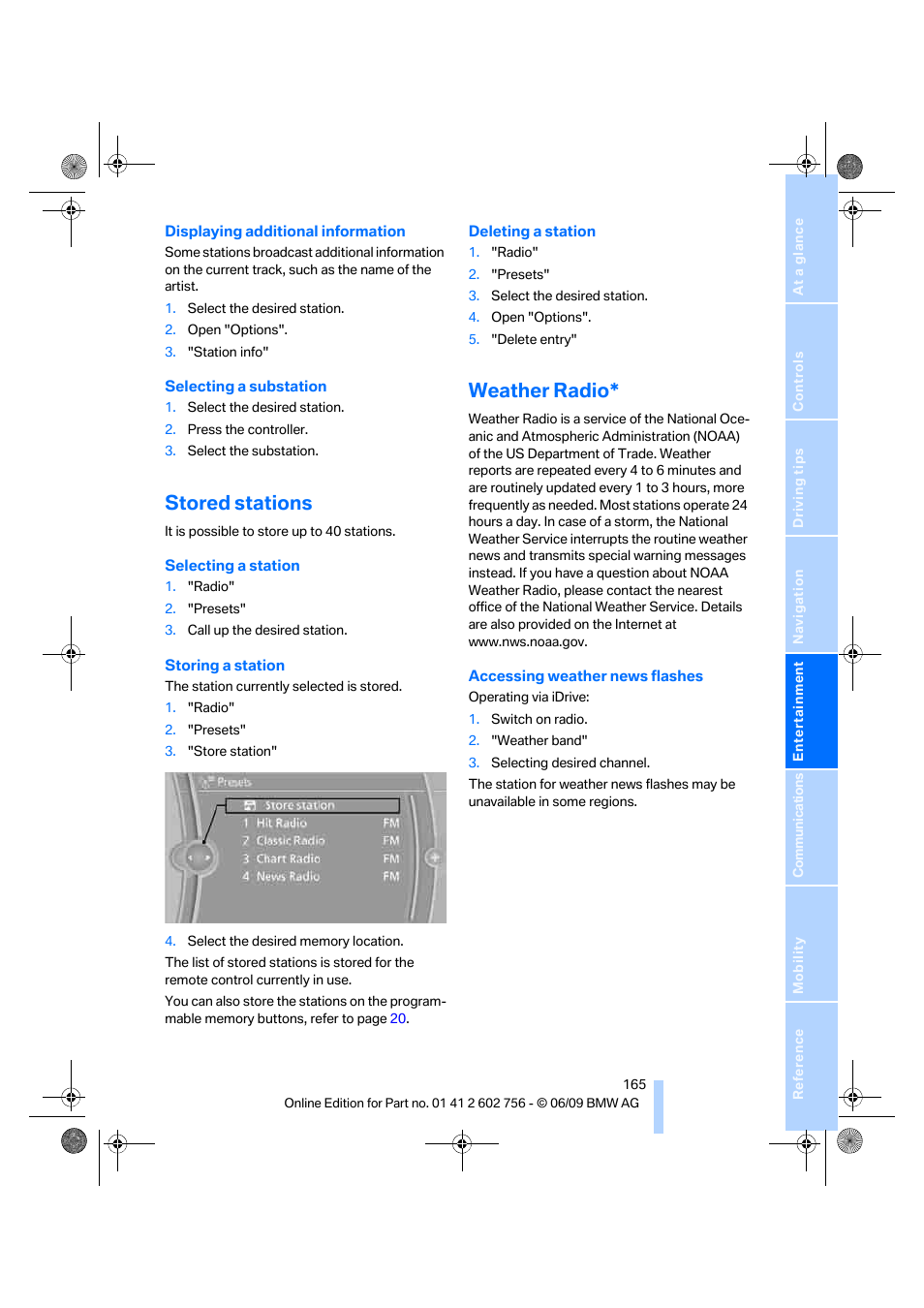 Stored stations, Weather radio | BMW X6 M 2010 User Manual | Page 167 / 300