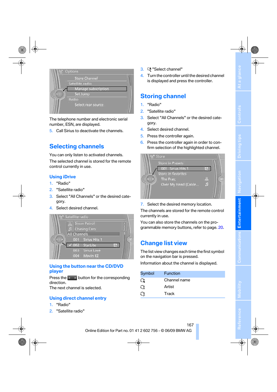 Selecting channels, Storing channel, Change list view | BMW X6 M 2010 User Manual | Page 169 / 300