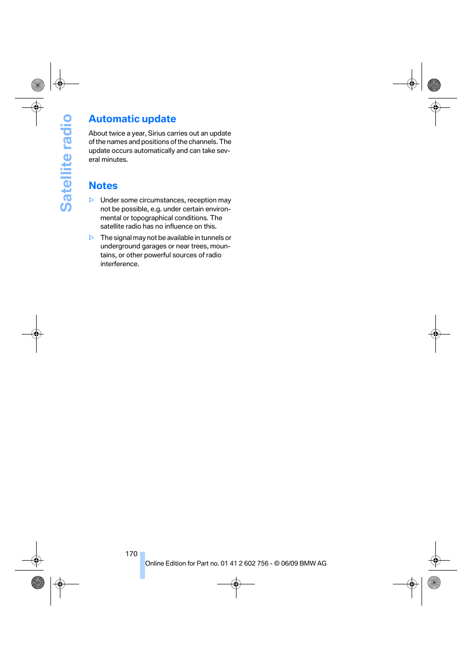 Automatic update, Notes, Satellite radio | BMW X6 M 2010 User Manual | Page 172 / 300