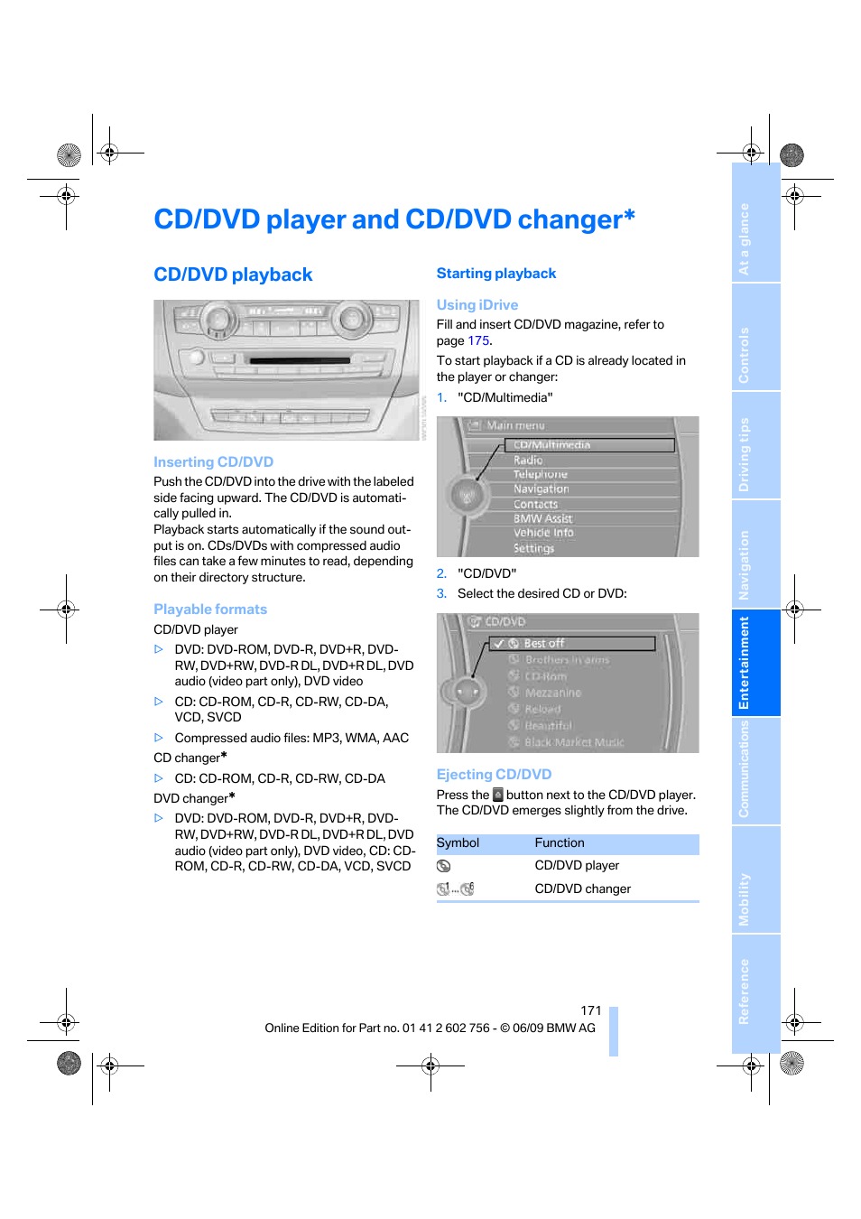 Cd/dvd player and cd/dvd changer, Cd/dvd playback | BMW X6 M 2010 User Manual | Page 173 / 300