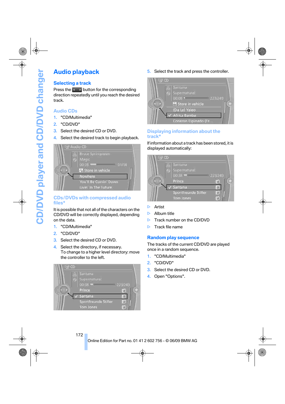 Audio playback, Cd/dvd player and cd/dvd changer | BMW X6 M 2010 User Manual | Page 174 / 300