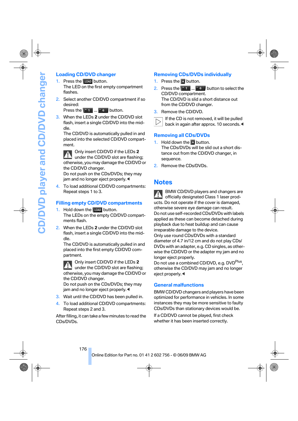 Notes, Cd/dvd player and cd/dvd changer | BMW X6 M 2010 User Manual | Page 178 / 300