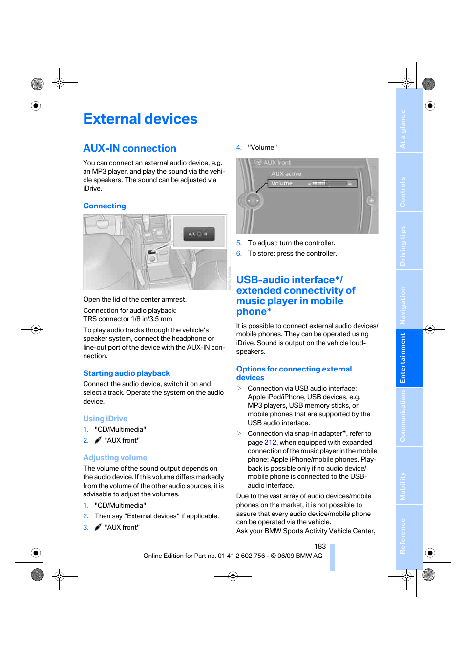External devices, Aux-in connection | BMW X6 M 2010 User Manual | Page 185 / 300