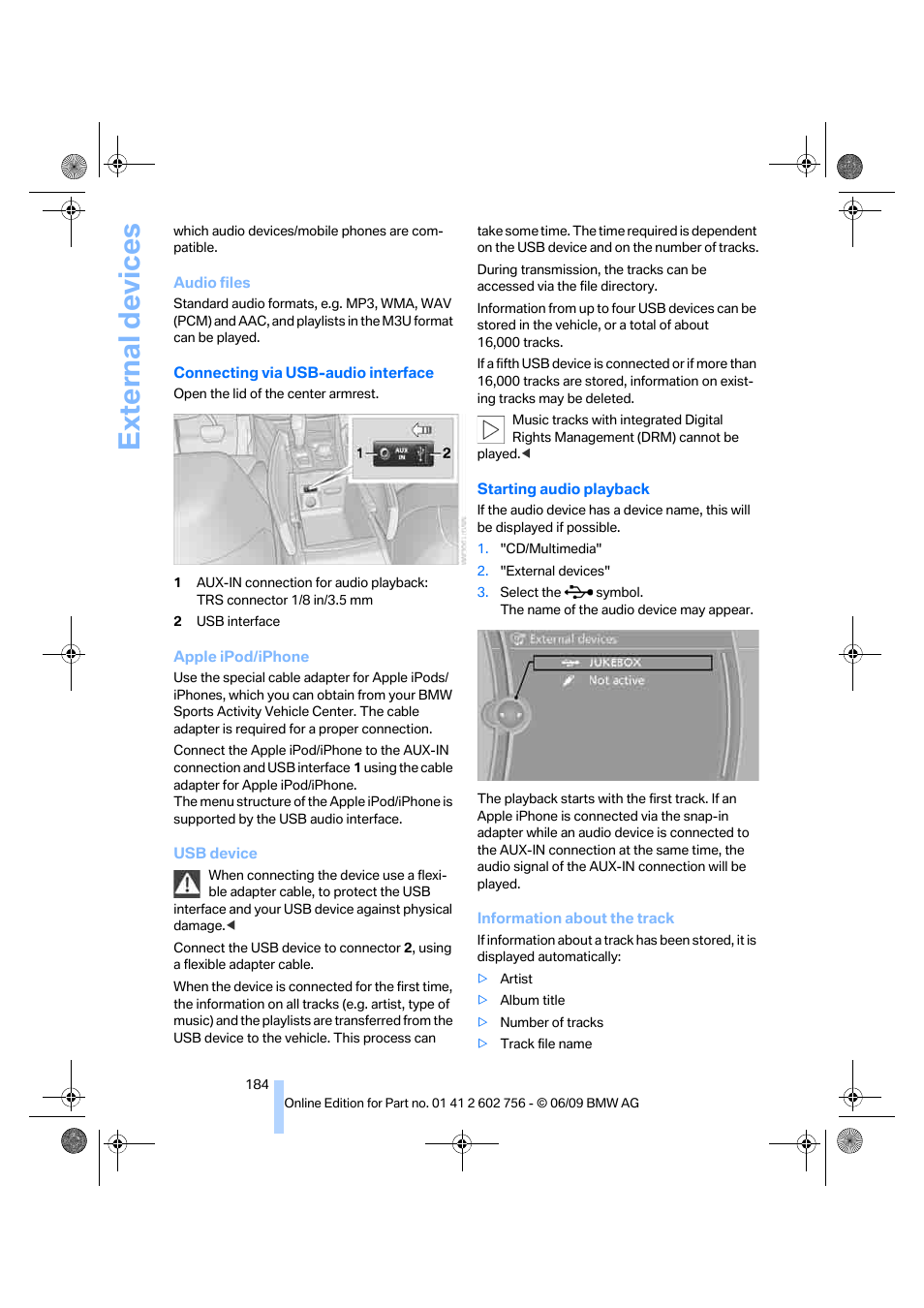 External devices | BMW X6 M 2010 User Manual | Page 186 / 300