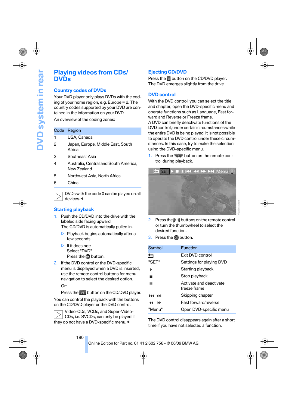 Playing videos from cds/ dvds, Dvd system in rear | BMW X6 M 2010 User Manual | Page 192 / 300