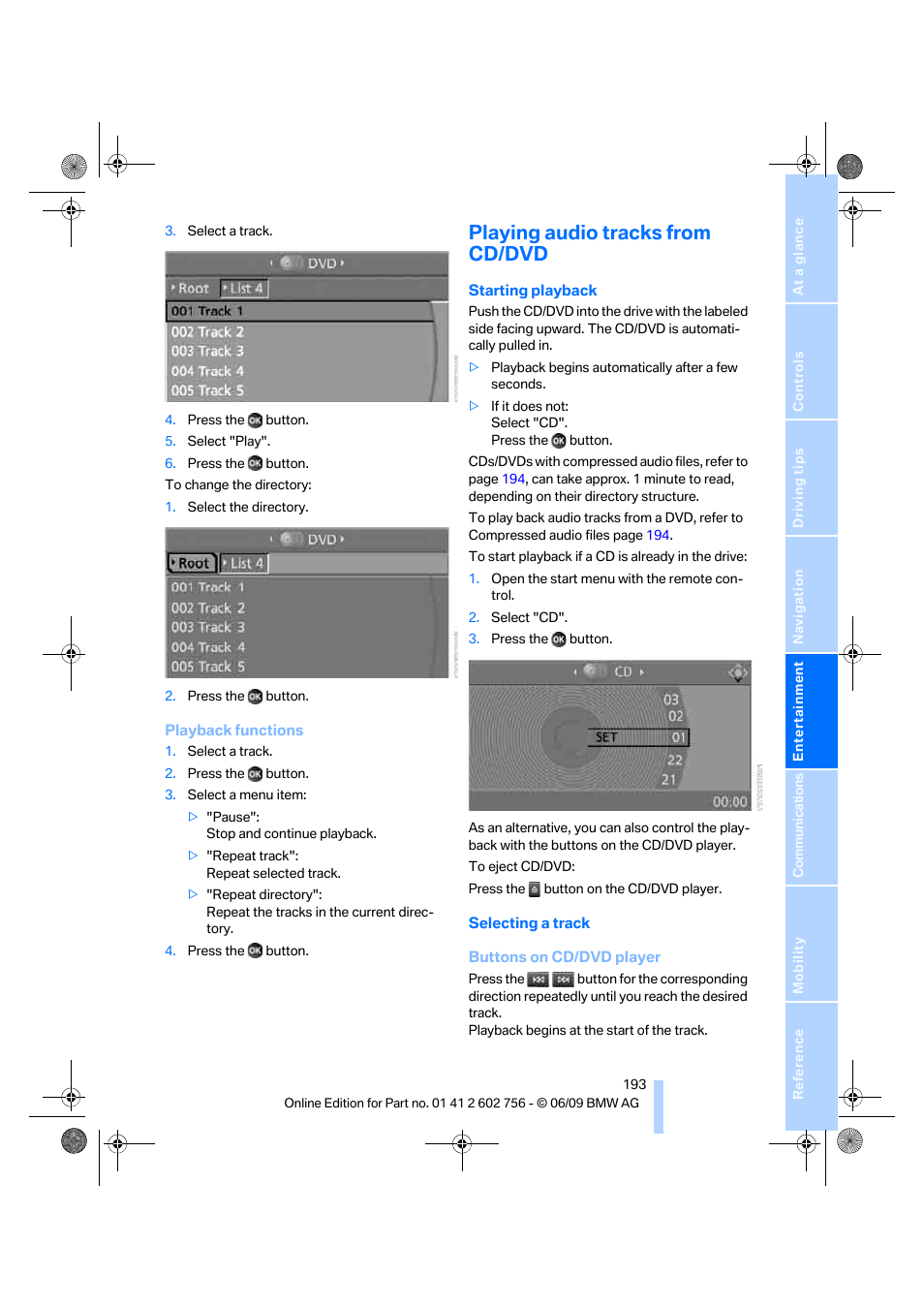 Playing audio tracks from cd/dvd | BMW X6 M 2010 User Manual | Page 195 / 300