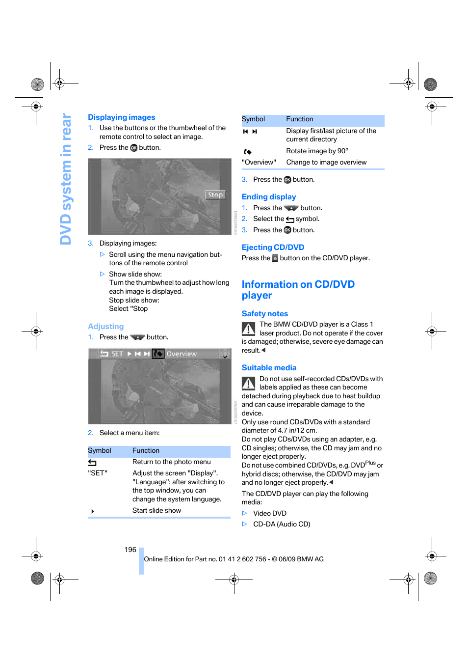 Information on cd/dvd player, Dvd system in rear | BMW X6 M 2010 User Manual | Page 198 / 300