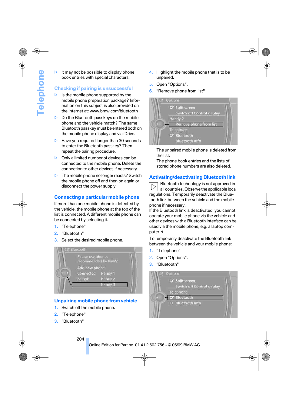 Te lephone | BMW X6 M 2010 User Manual | Page 206 / 300