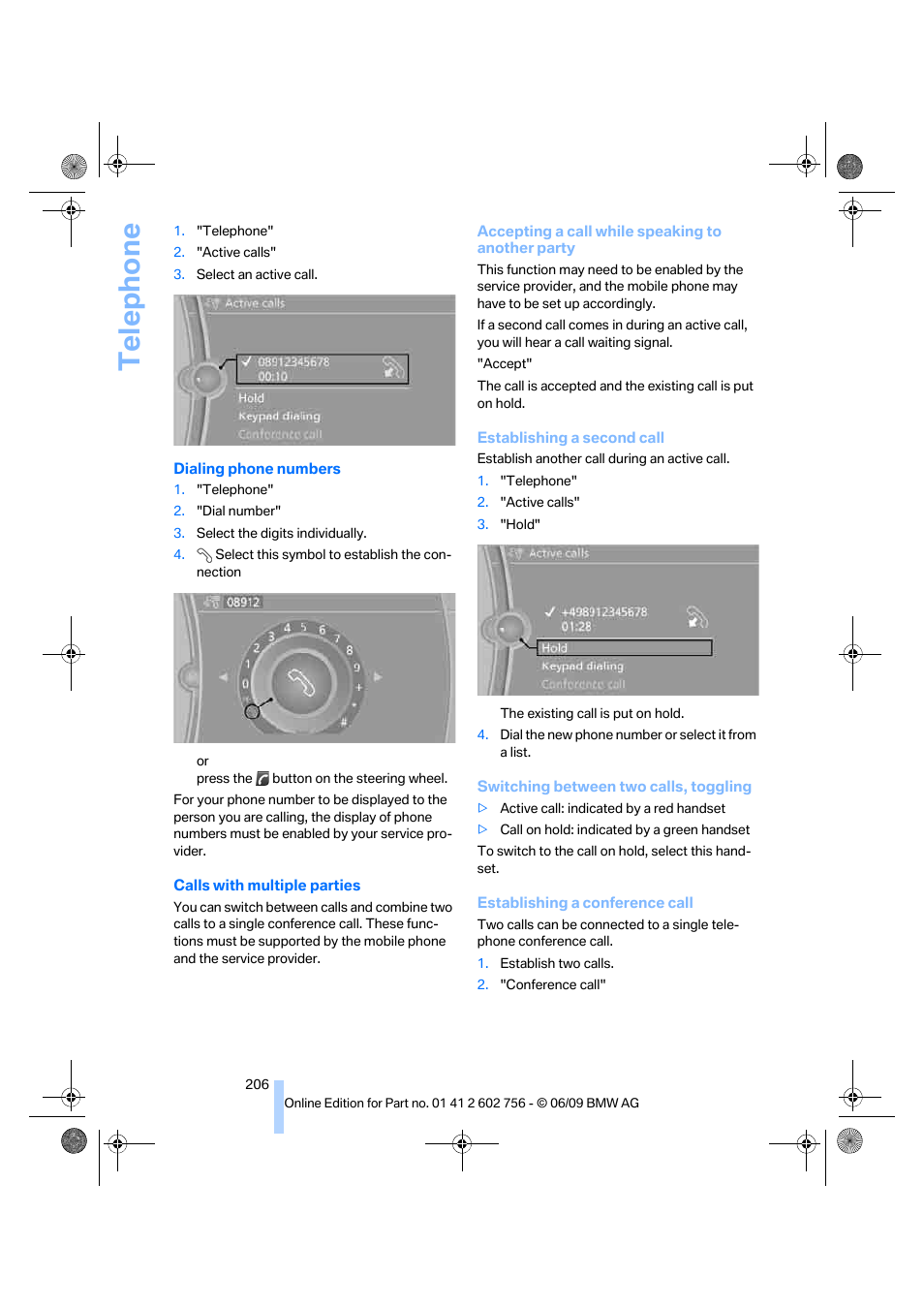 Te lephone | BMW X6 M 2010 User Manual | Page 208 / 300