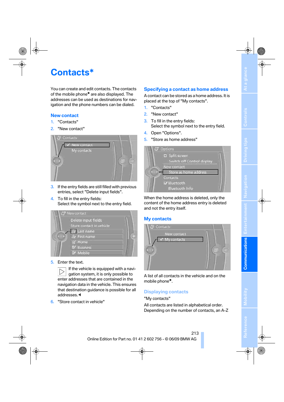 Contacts | BMW X6 M 2010 User Manual | Page 215 / 300