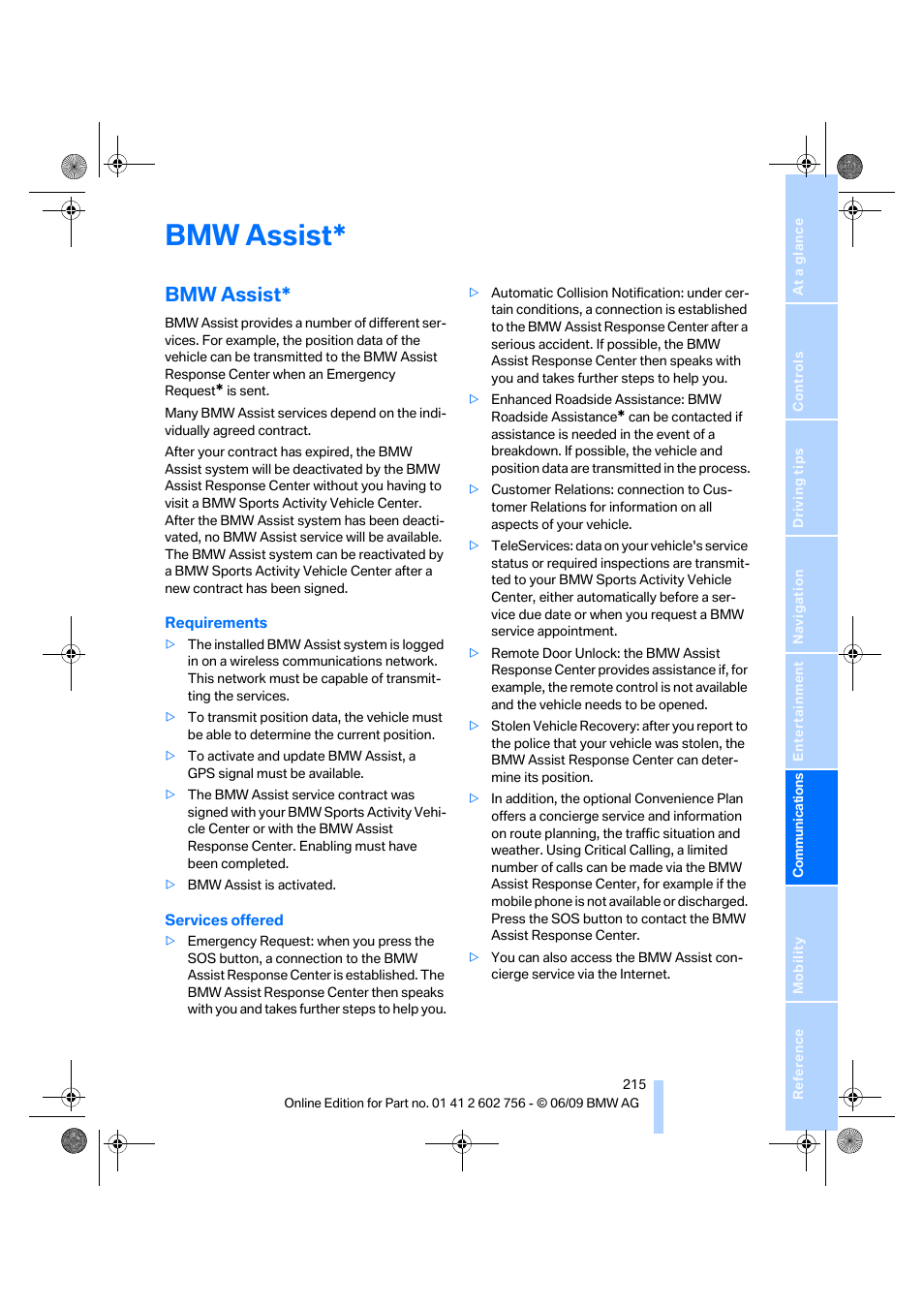 Bmw assist | BMW X6 M 2010 User Manual | Page 217 / 300