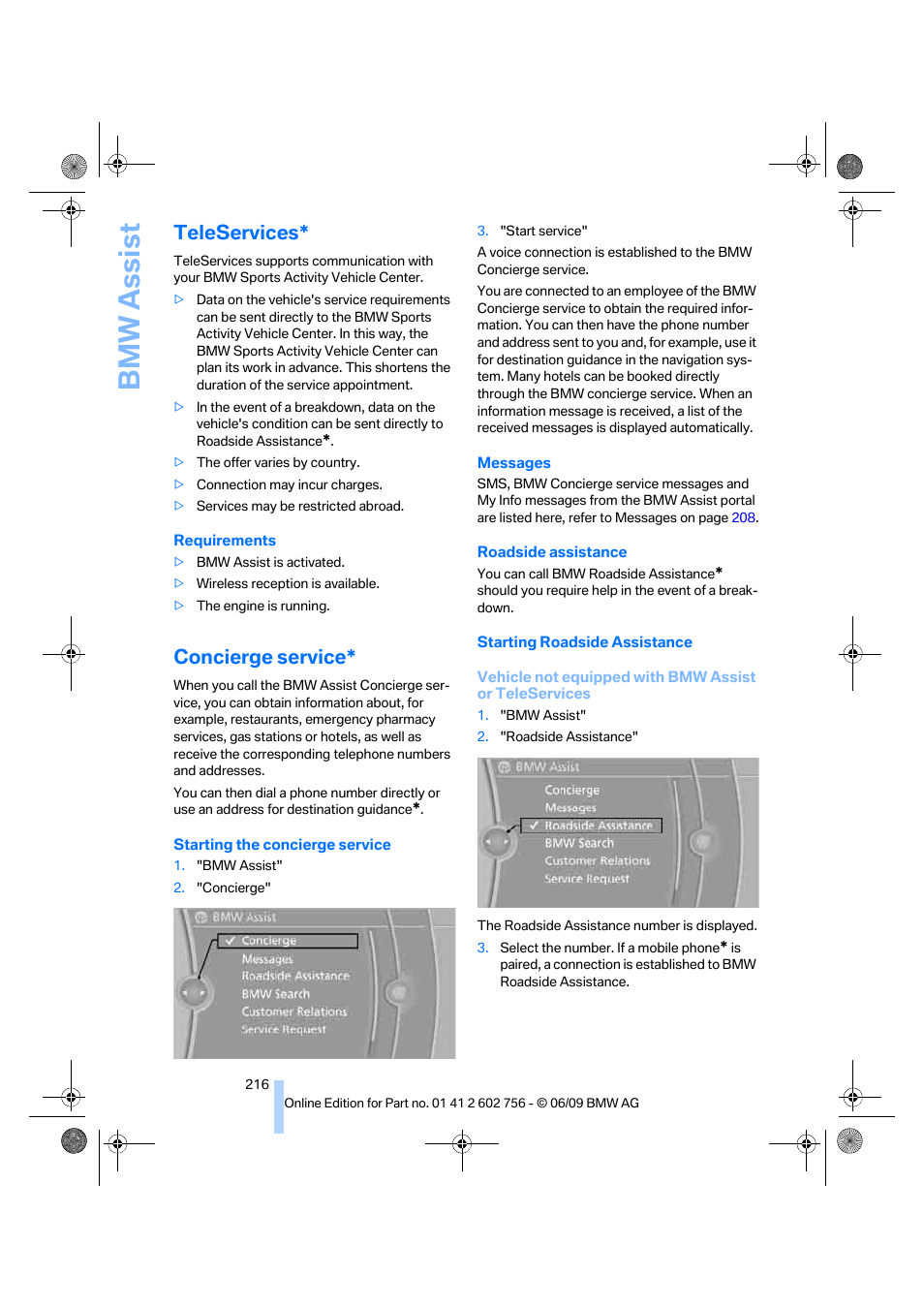 Teleservices, Concierge service, Bmw assist | BMW X6 M 2010 User Manual | Page 218 / 300