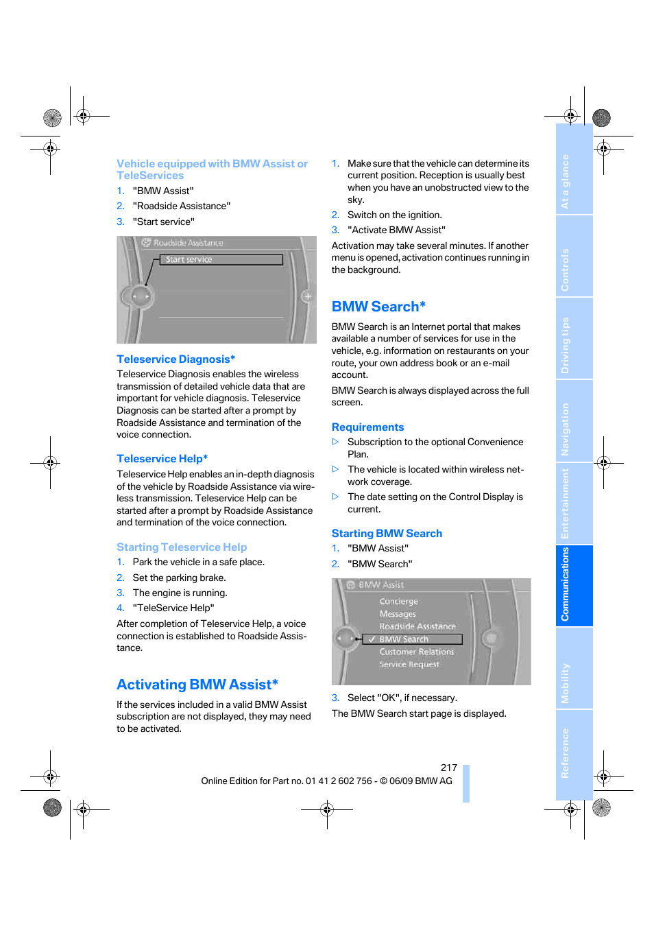 Activating bmw assist, Bmw search | BMW X6 M 2010 User Manual | Page 219 / 300